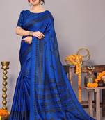 Blue art silk block print saree with unstiched blouse piece