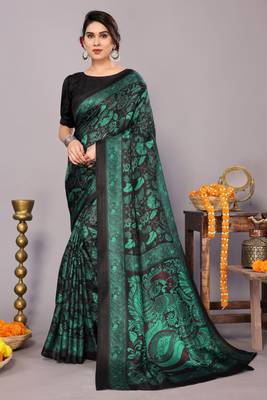 Black art silk floral kalamkari print saree with unstiched blouse piece 1