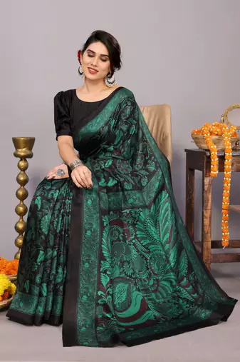 Black art silk floral kalamkari print saree with unstiched blouse piece