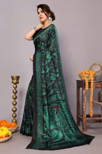 Black art silk floral kalamkari print saree with unstiched blouse piece
