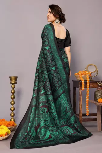 Black art silk floral kalamkari print saree with unstiched blouse piece