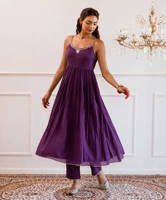 Purple strappy anarkali suit set 2