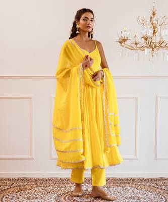Yellow strappy anarkali suit set 1
