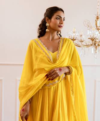 Yellow strappy anarkali suit set 4