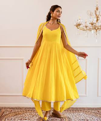 Yellow strappy anarkali suit set 5