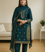  Blue Fully Zari Embroidered Kurta Pent & Dupatta For Girls / Womens 