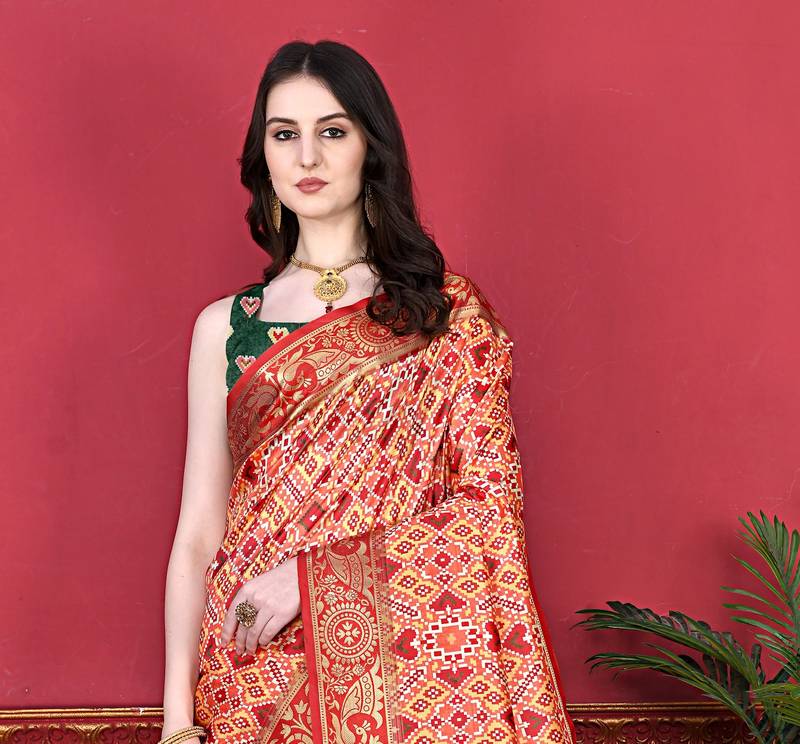 Peach Paithani Silk blend Printed Saree 