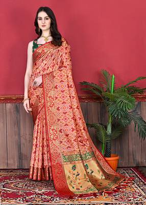 Peach Paithani Silk blend Printed Saree  1