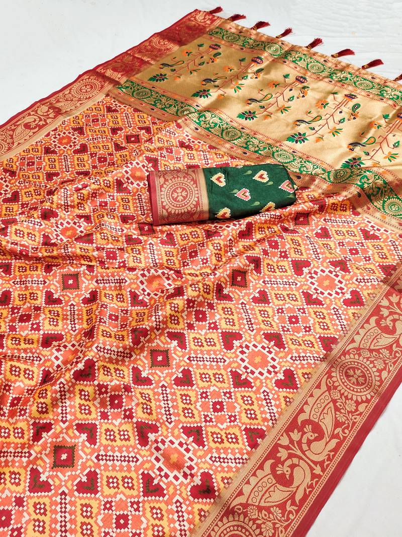 Peach Paithani Silk blend Printed Saree 