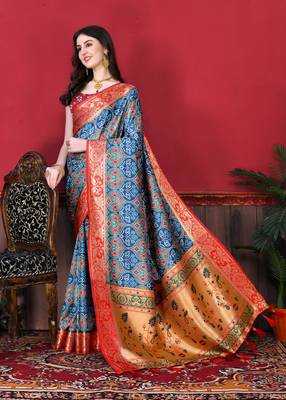 Navy Blue Paithani Silk blend Printed Saree  1