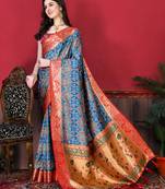 Navy Blue Paithani Silk blend Printed Saree 