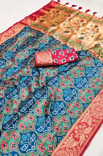 Navy Blue Paithani Silk blend Printed Saree 