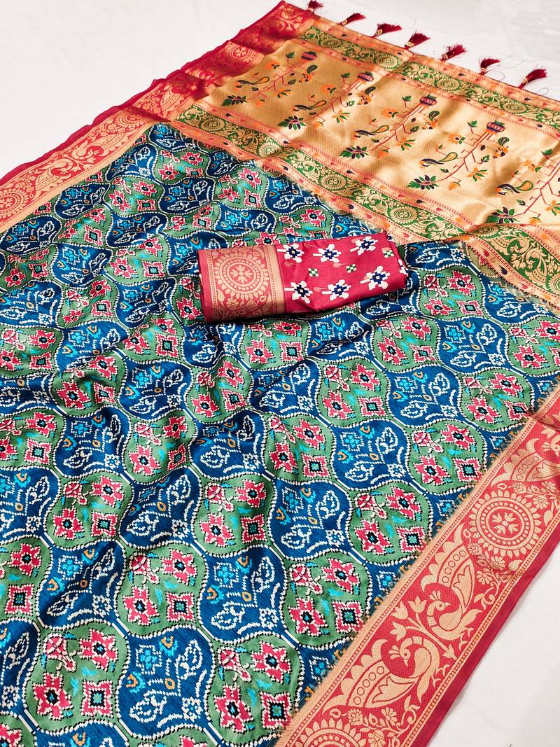 Navy Blue Paithani Silk blend Printed Saree 