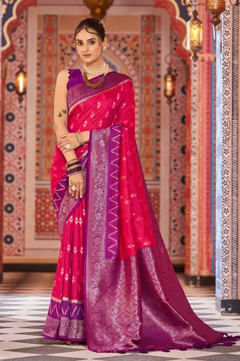 Red Banarasi Style Soft Silk blend Zari Border & Threads work Saree With Blouse