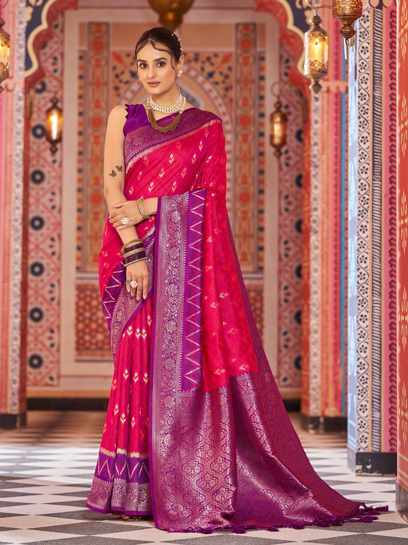 Red Banarasi Style Soft Silk blend Zari Border & Threads work Saree With Blouse