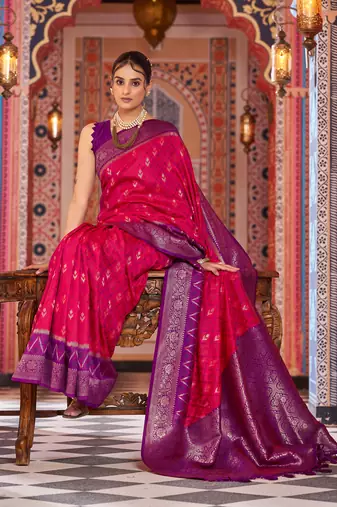Red Banarasi Style Soft Silk blend Zari Border & Threads work Saree With Blouse