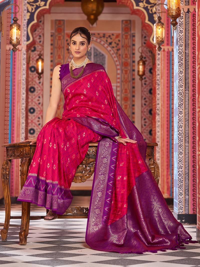 Red Banarasi Style Soft Silk blend Zari Border & Threads work Saree With Blouse