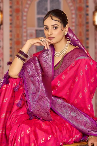 Red Banarasi Style Soft Silk blend Zari Border & Threads work Saree With Blouse