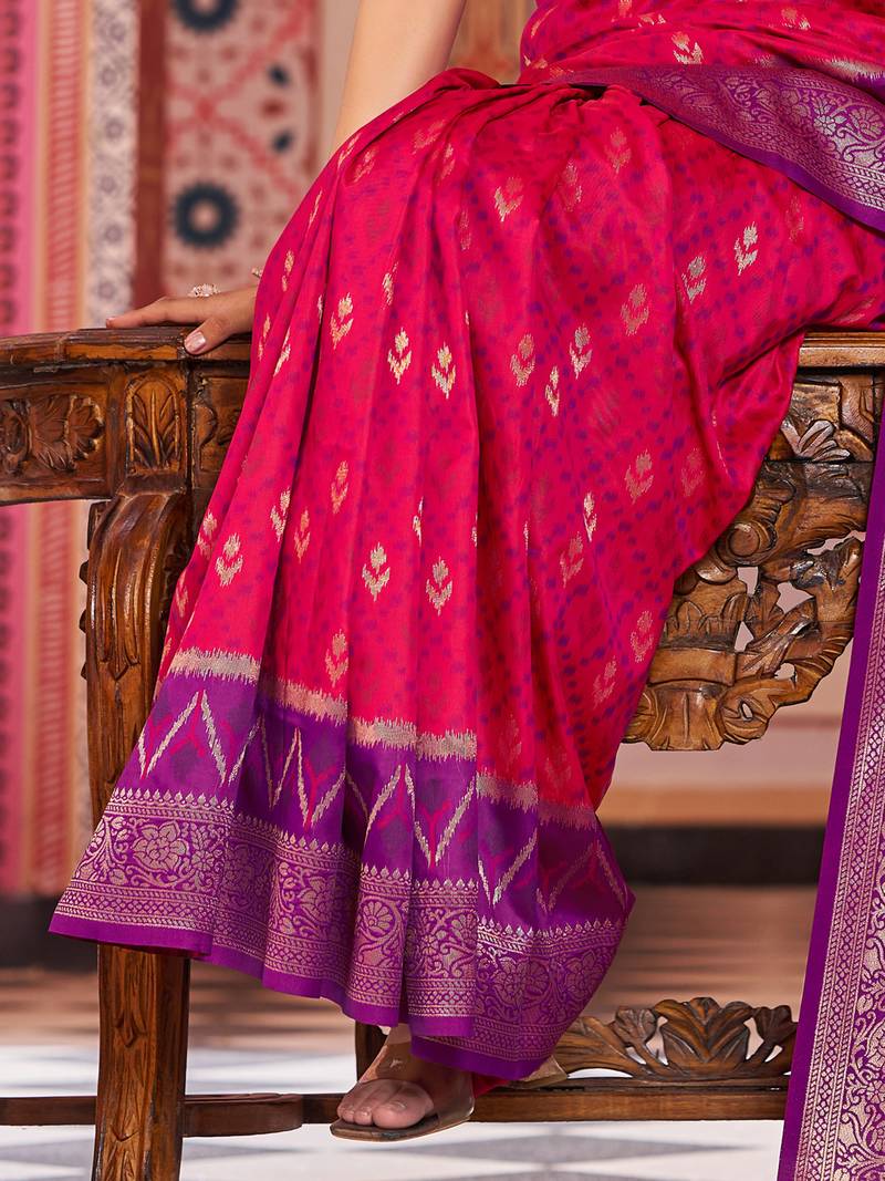 Red Banarasi Style Soft Silk blend Zari Border & Threads work Saree With Blouse