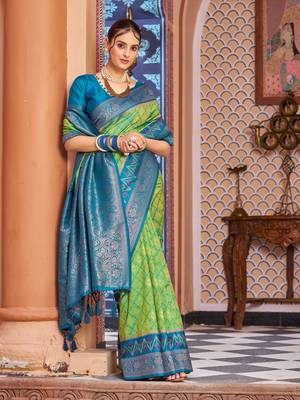 Green Banarasi Style Soft Silk blend Zari Border & Threads work Saree With Blouse 1