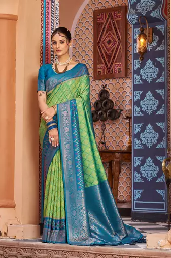 Green Banarasi Style Soft Silk blend Zari Border & Threads work Saree With Blouse