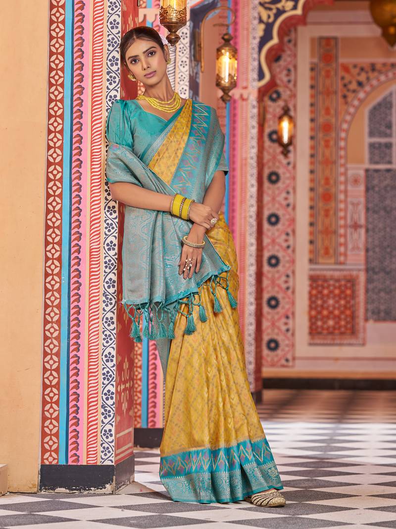 Yellow Banarasi Style Silk blend Zari Border & Threads work Saree With Blouse