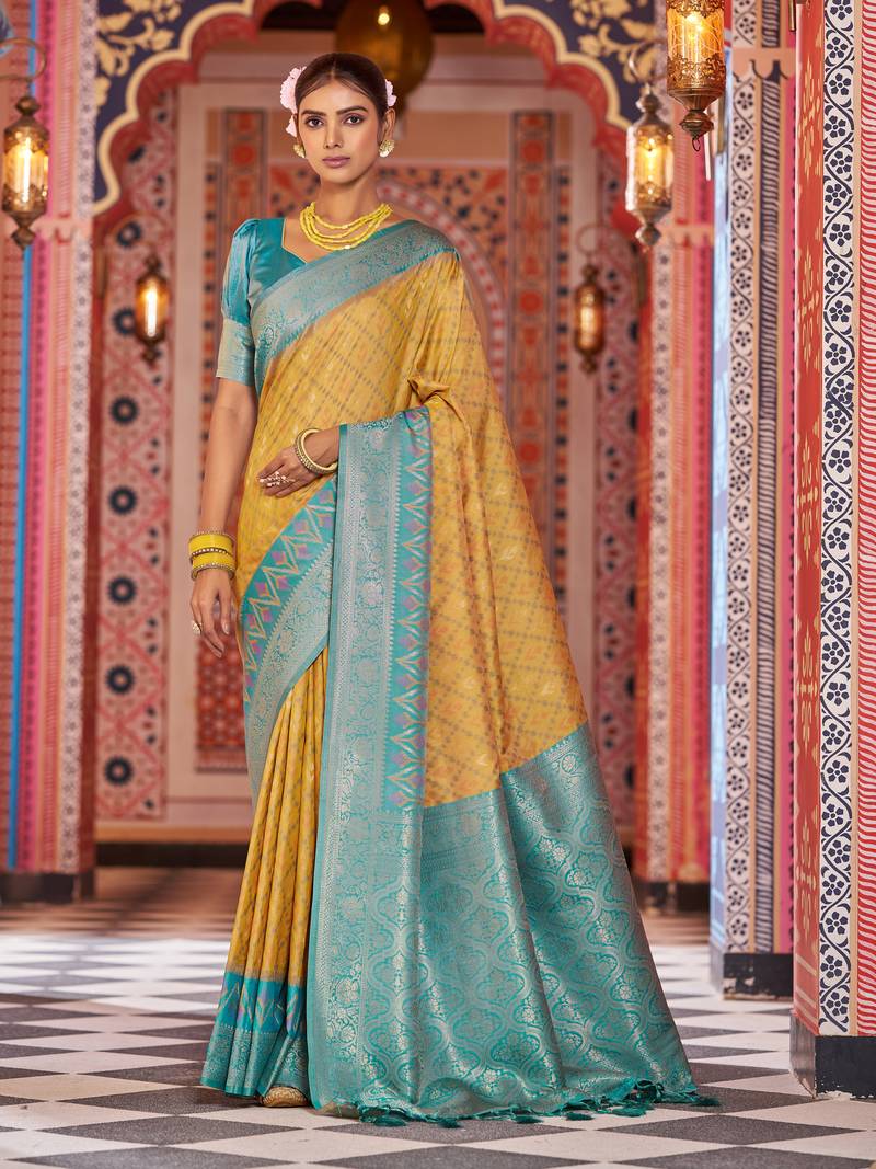 Yellow Banarasi Style Silk blend Zari Border & Threads work Saree With Blouse