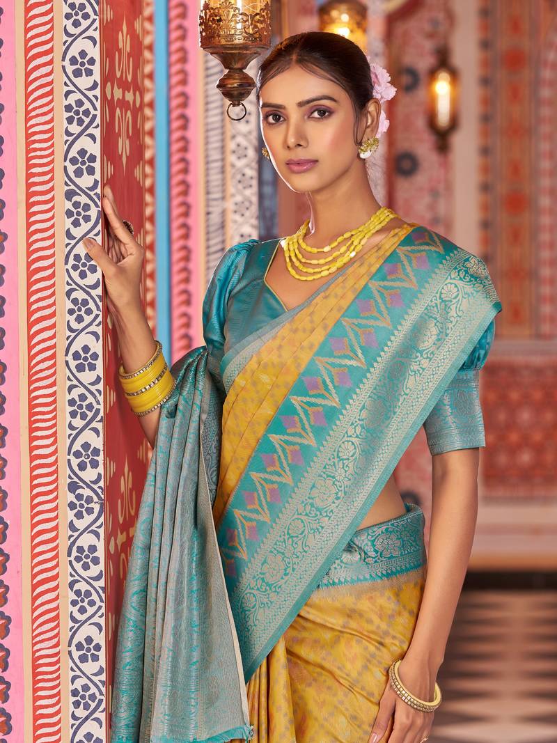 Yellow Banarasi Style Silk blend Zari Border & Threads work Saree With Blouse