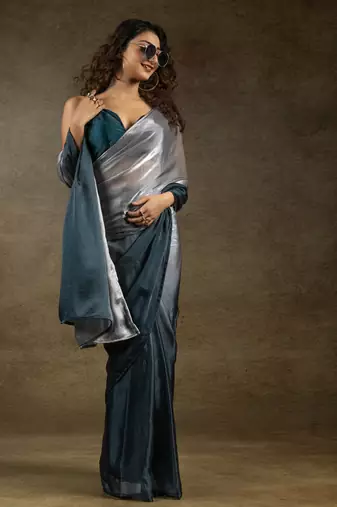 ready made grey satin silk saree with matching blouse piece
