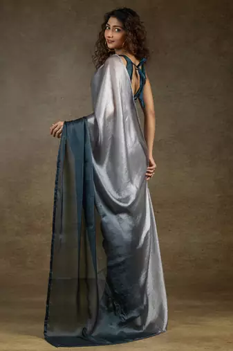 ready made grey satin silk saree with matching blouse piece