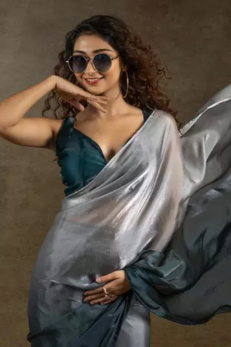 ready made grey satin silk saree with matching blouse piece