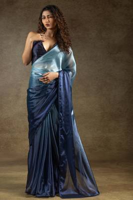ready to wear sky blue satin silk saree with matching blouse piece 1