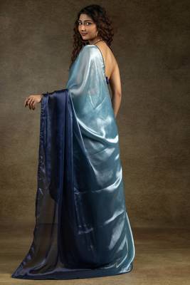 ready to wear sky blue satin silk saree with matching blouse piece 4