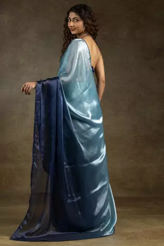 ready to wear sky blue satin silk saree with matching blouse piece