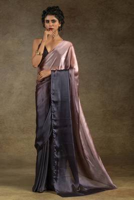 pre draped peach satin silk saree with matching blouse piece 1