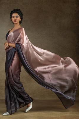 pre draped peach satin silk saree with matching blouse piece 3