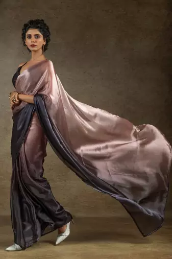 pre draped peach satin silk saree with matching blouse piece