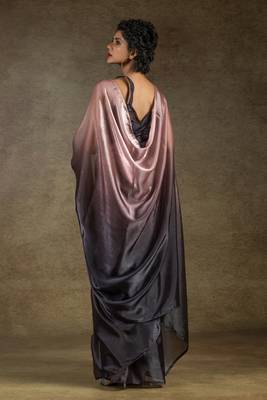 pre draped peach satin silk saree with matching blouse piece 4