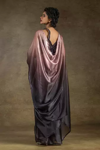 pre draped peach satin silk saree with matching blouse piece