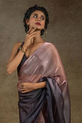 pre draped peach satin silk saree with matching blouse piece 5