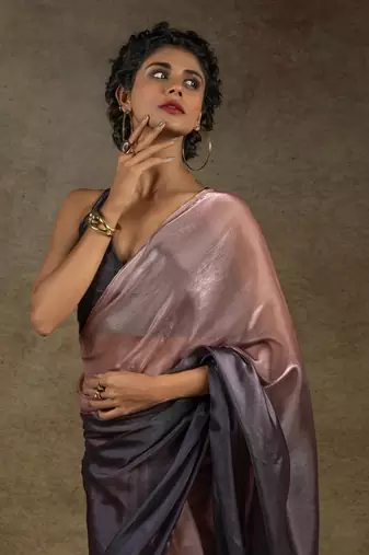 pre draped peach satin silk saree with matching blouse piece