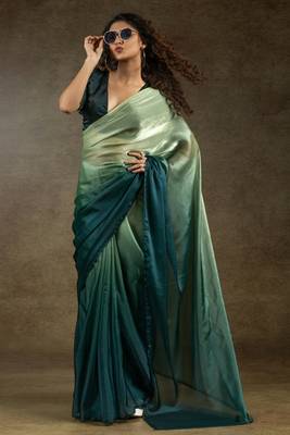 ready made green satin silk saree with matching blouse piece 1
