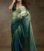 ready to wear green satin silk saree with matching blouse piece