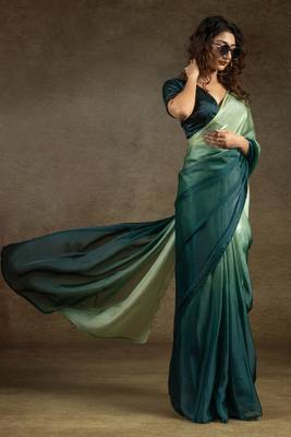 ready made green satin silk saree with matching blouse piece 3