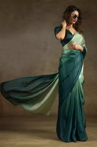 ready to wear green satin silk saree with matching blouse piece