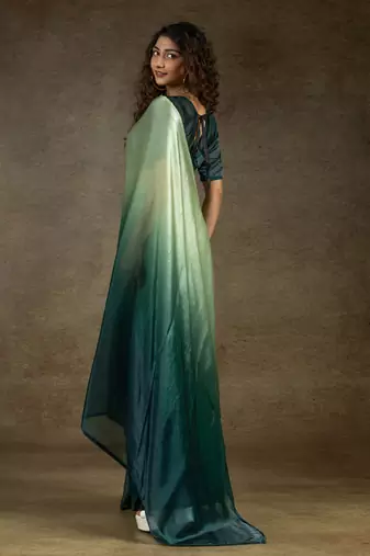 ready to wear green satin silk saree with matching blouse piece