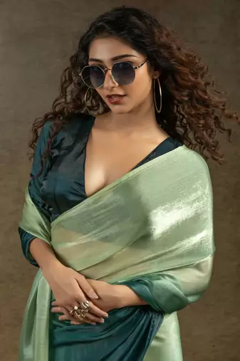 ready to wear green satin silk saree with matching blouse piece