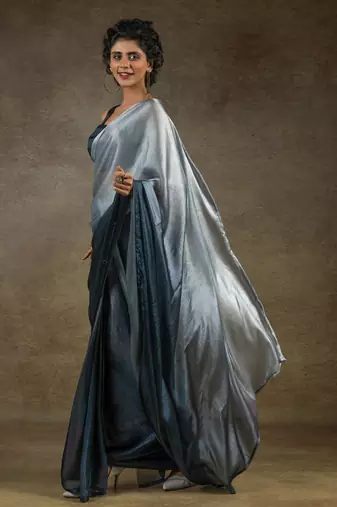 pre-stitched grey satin silk saree with matching blouse piece