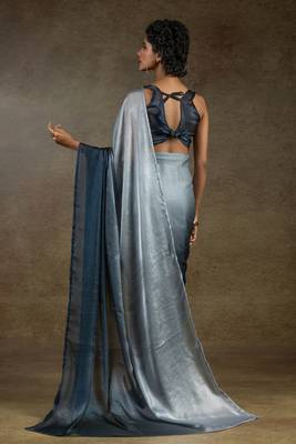pre-stitched grey satin silk saree with matching blouse piece 4