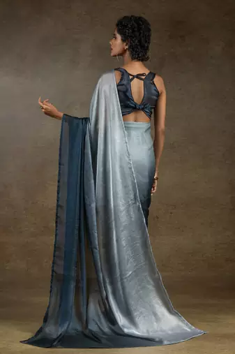 pre-stitched grey satin silk saree with matching blouse piece